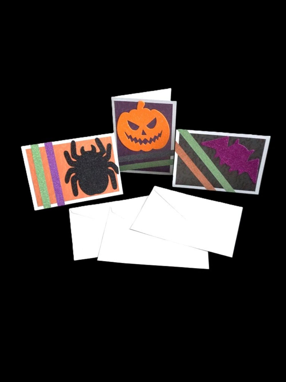 3 Halloween Handmade Greeting Cards 5x7 White Large Glitter Embellished